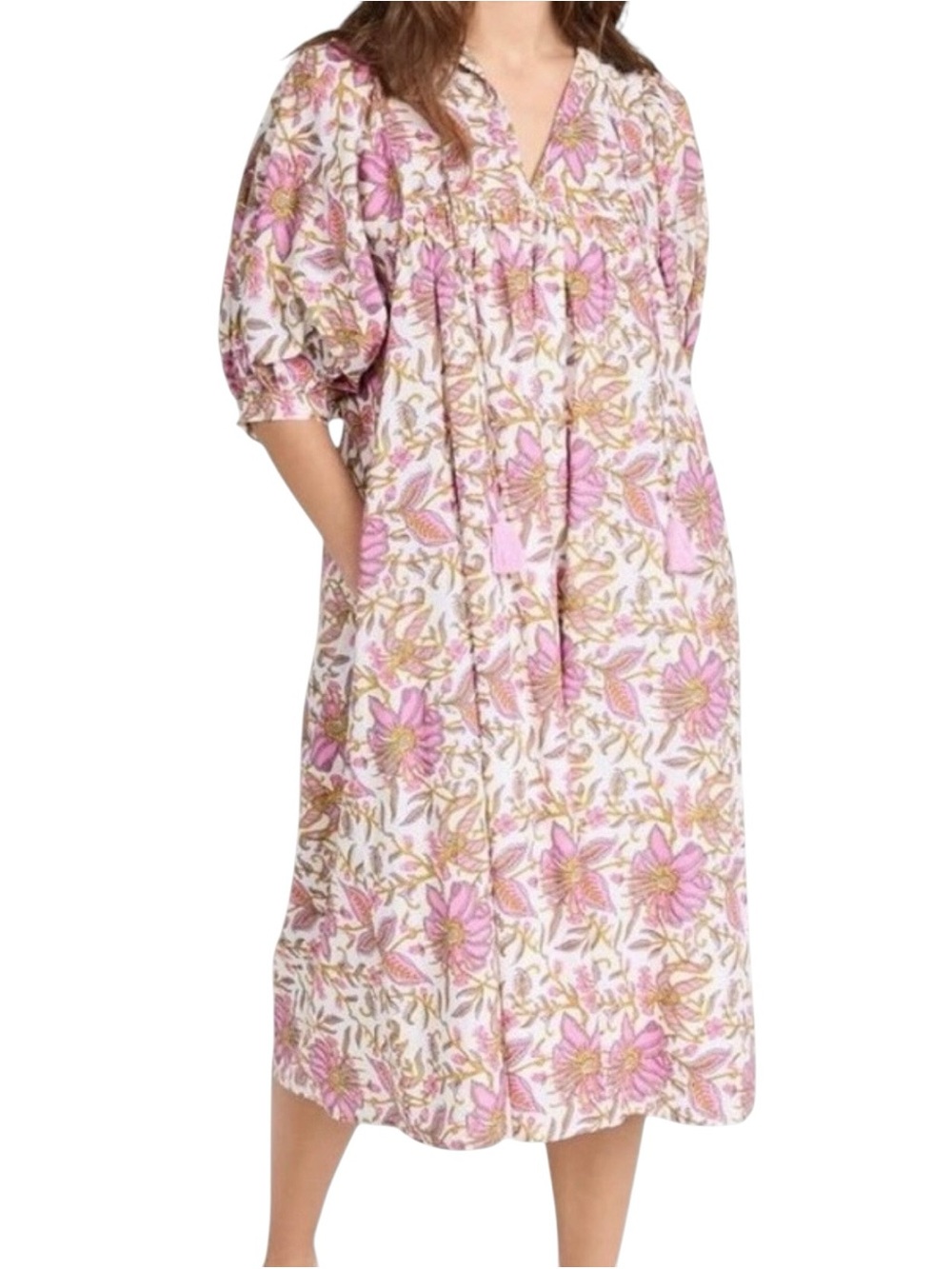Mille Saffron Cotton Floral Puff  Sleeve Tassel Tie Split Neck Dress, Size XS